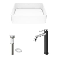 Matte Stone Jasmine Composite Rectangular Vessel Bathroom Sink in White with Lexington Faucet in Chrome and Pop-Up Drain