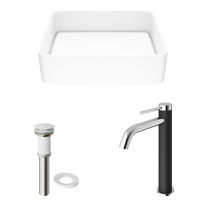 Matte Stone Jasmine Composite Rectangular Vessel Bathroom Sink in White with Lexington Faucet in Chrome and Pop-Up Drain