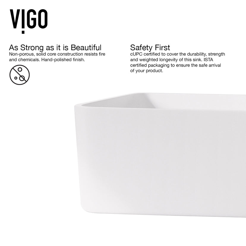 Matte Stone Jasmine Composite Rectangular Vessel Bathroom Sink in White with Lexington Faucet in Chrome and Pop-Up Drain