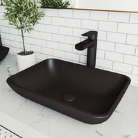Matte Shell Sottile Glass Rectangular Vessel Bathroom Sink in Black with Amada Faucet and Pop-Up Drain in Matte Black