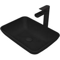 Matte Shell Sottile Glass Rectangular Vessel Bathroom Sink in Black with Amada Faucet and Pop-Up Drain in Matte Black