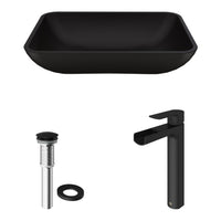 Matte Shell Sottile Glass Rectangular Vessel Bathroom Sink in Black with Amada Faucet and Pop-Up Drain in Matte Black
