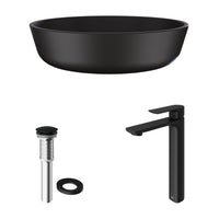 Matte Shell Modus Glass Round Vessel Bathroom Sink in Black with Norfolk Faucet and Pop-Up Drain in Matte Black