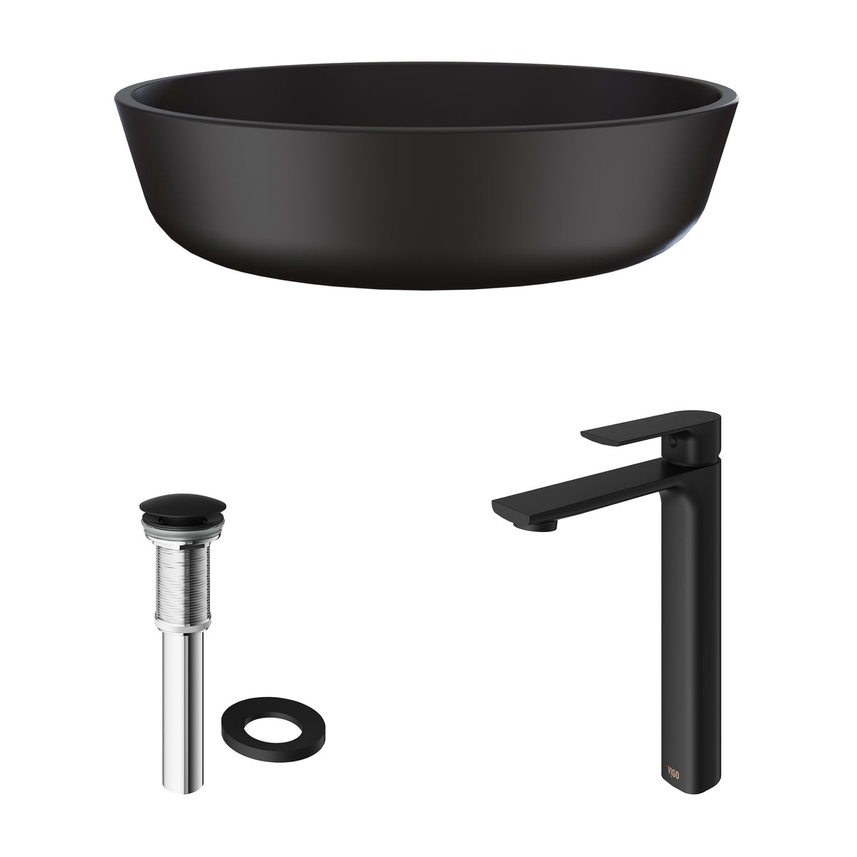 Matte Shell Modus Glass Round Vessel Bathroom Sink in Black with Norfolk Faucet and Pop-Up Drain in Matte Black