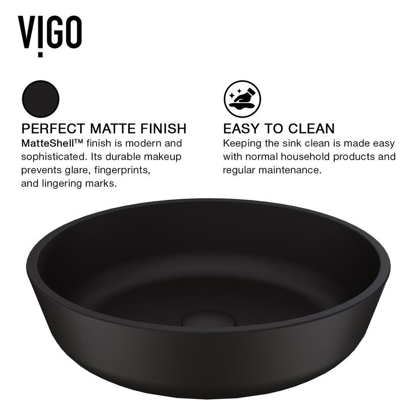 Matte Shell Modus Glass Round Vessel Bathroom Sink in Black with Norfolk Faucet and Pop-Up Drain in Matte Black