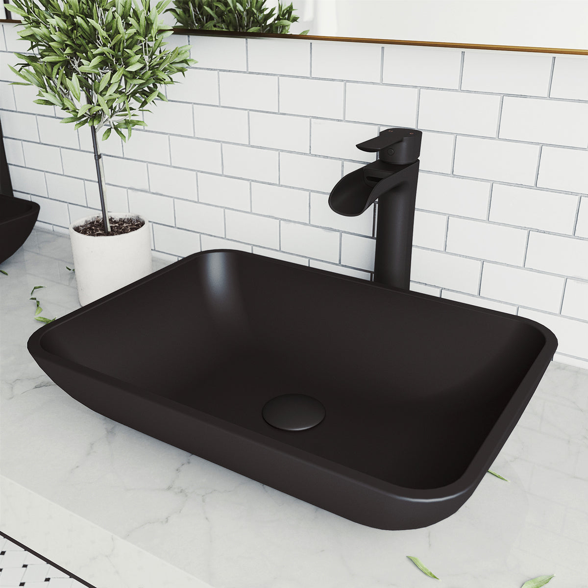 Matte Shell Sottile Glass Rectangular Vessel Bathroom Sink in Black with Niko Faucet and Pop-Up Drain in Matte Black