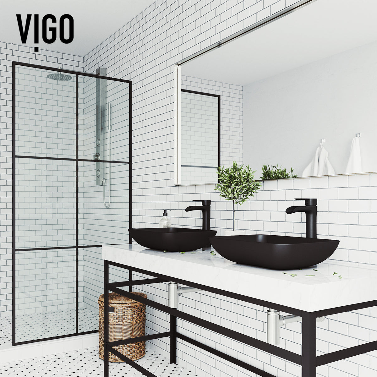 Matte Shell Sottile Glass Rectangular Vessel Bathroom Sink in Black with Niko Faucet and Pop-Up Drain in Matte Black