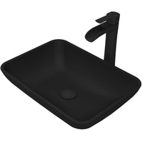 Matte Shell Sottile Glass Rectangular Vessel Bathroom Sink in Black with Niko Faucet and Pop-Up Drain in Matte Black