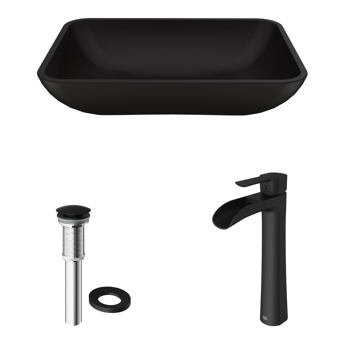 Matte Shell Sottile Glass Rectangular Vessel Bathroom Sink in Black with Niko Faucet and Pop-Up Drain in Matte Black