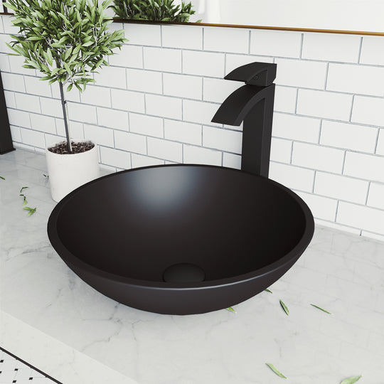 Matte Shell Cavalli Glass Round Vessel Bathroom Sink in Black with Duris Faucet and Pop-Up Drain in Matte Black