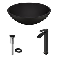 Matte Shell Cavalli Glass Round Vessel Bathroom Sink in Black with Duris Faucet and Pop-Up Drain in Matte Black