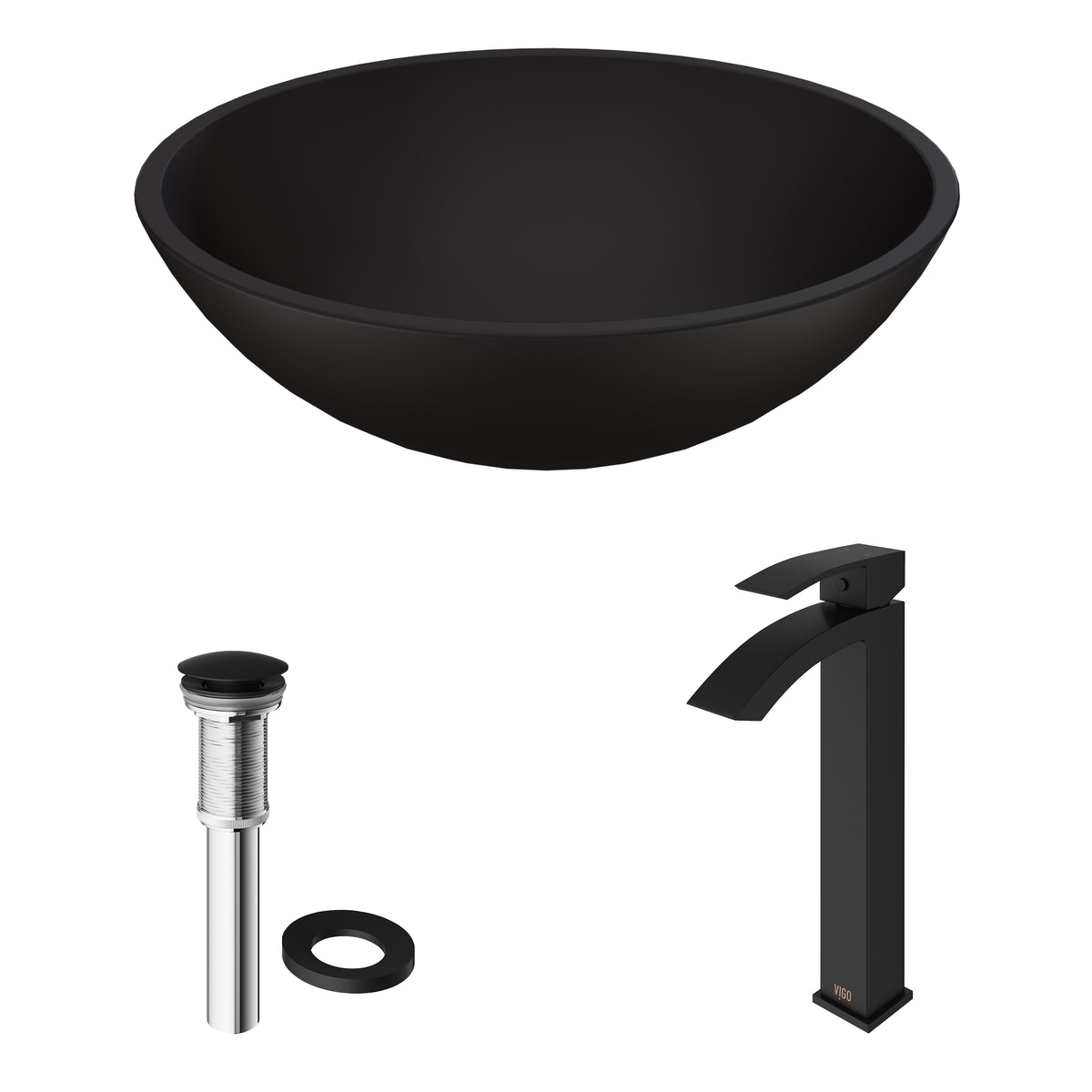 Matte Shell Cavalli Glass Round Vessel Bathroom Sink in Black with Duris Faucet and Pop-Up Drain in Matte Black