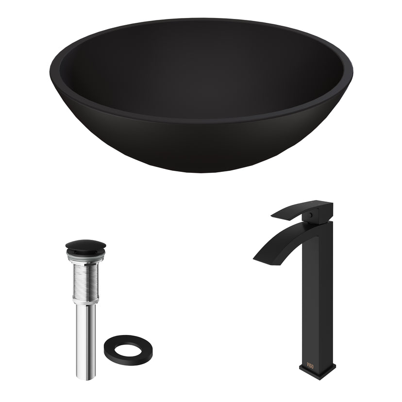 Matte Shell Cavalli Glass Round Vessel Bathroom Sink in Black with Duris Faucet and Pop-Up Drain in Matte Black