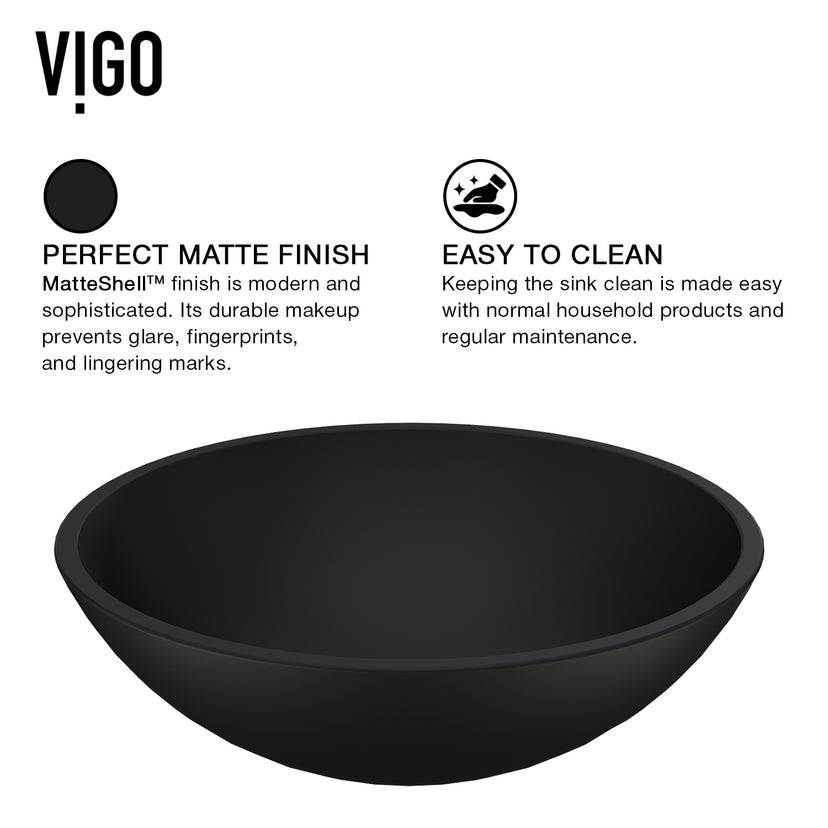Matte Shell Cavalli Glass Round Vessel Bathroom Sink in Black with Duris Faucet and Pop-Up Drain in Matte Black