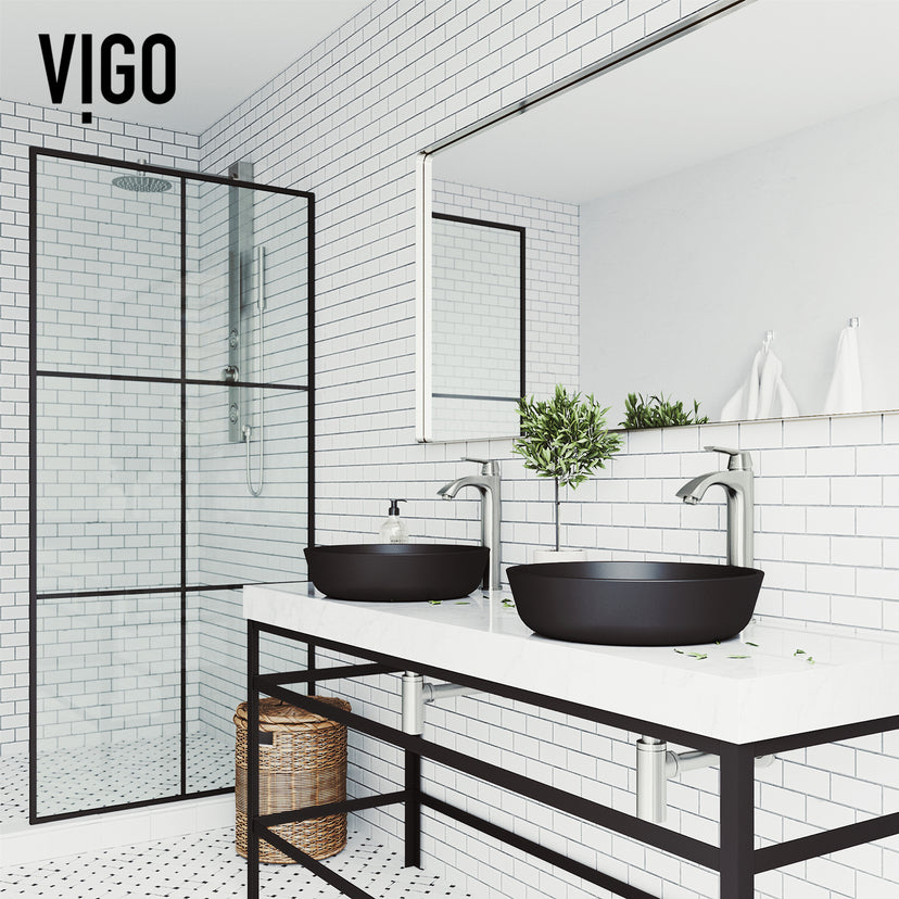 Matte Shell Modus Glass Round Vessel Bathroom Sink in Black with Linus Faucet and Pop-Up Drain in Brushed Nickel