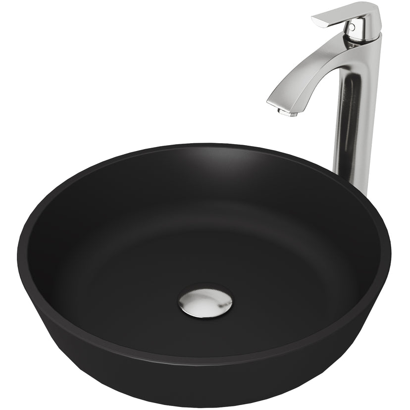 Matte Shell Modus Glass Round Vessel Bathroom Sink in Black with Linus Faucet and Pop-Up Drain in Brushed Nickel
