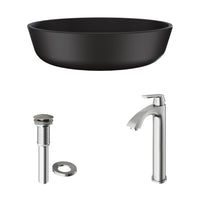 Matte Shell Modus Glass Round Vessel Bathroom Sink in Black with Linus Faucet and Pop-Up Drain in Brushed Nickel