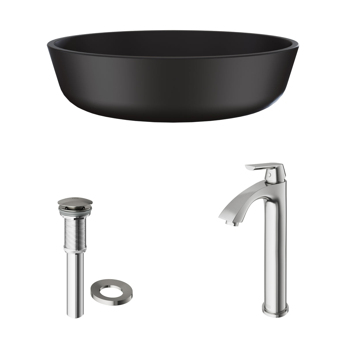 Matte Shell Modus Glass Round Vessel Bathroom Sink in Black with Linus Faucet and Pop-Up Drain in Brushed Nickel
