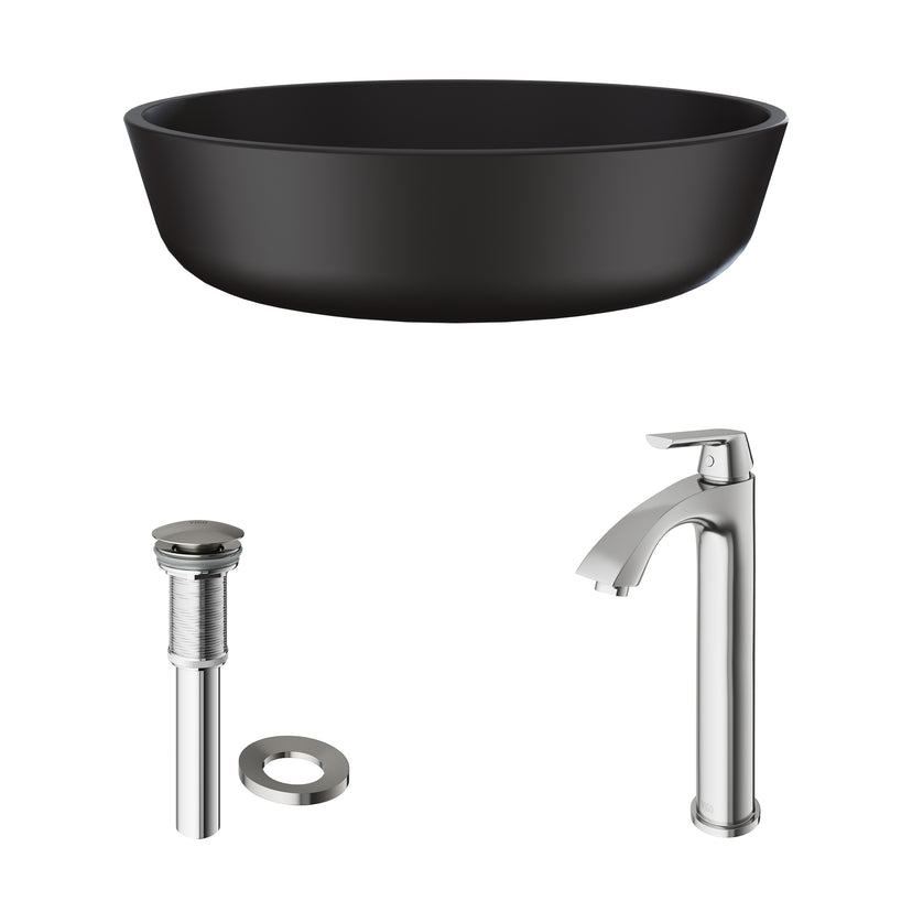Matte Shell Modus Glass Round Vessel Bathroom Sink in Black with Linus Faucet and Pop-Up Drain in Brushed Nickel