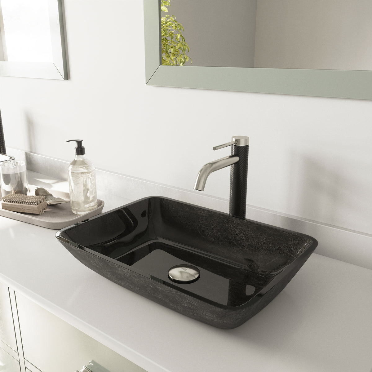Glass Rectangular Vessel Bathroom Sink in Onyx Gray with Lexington Faucet and Pop-Up Drain in Brushed Nickel