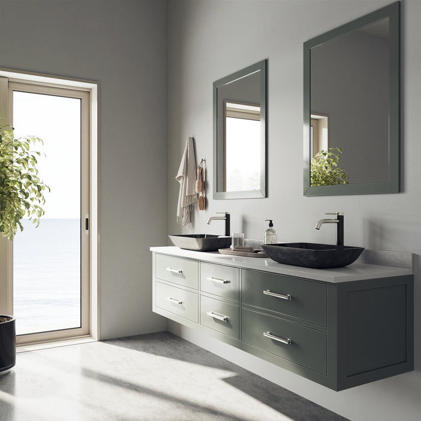 Glass Rectangular Vessel Bathroom Sink in Onyx Gray with Lexington Faucet and Pop-Up Drain in Brushed Nickel
