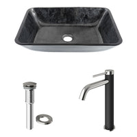Glass Rectangular Vessel Bathroom Sink in Onyx Gray with Lexington Faucet and Pop-Up Drain in Brushed Nickel