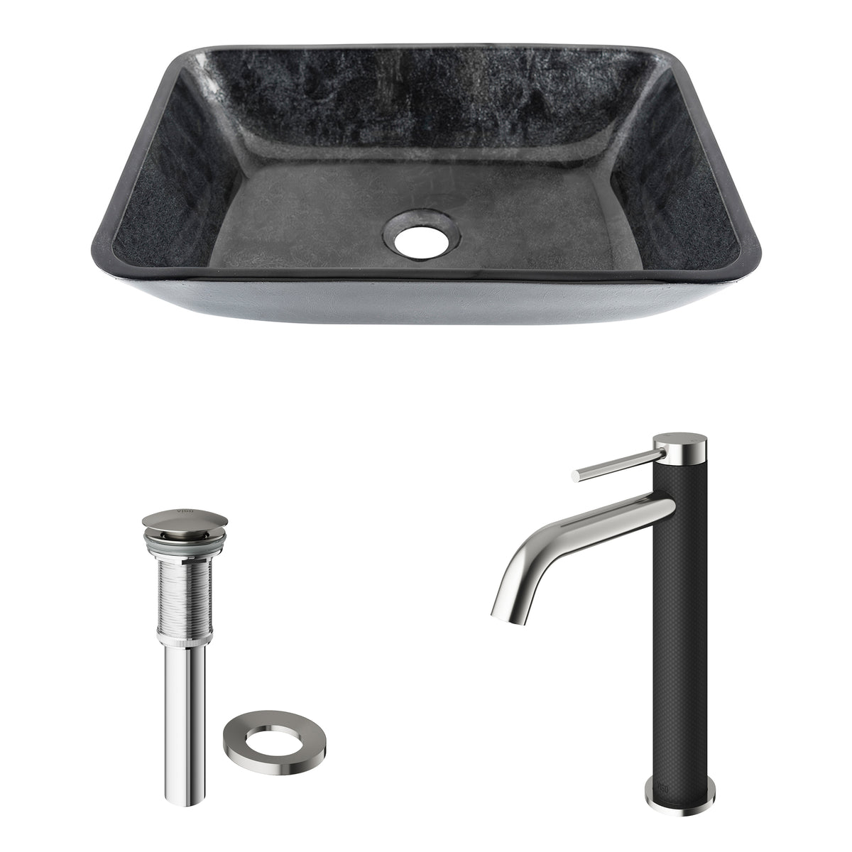 Glass Rectangular Vessel Bathroom Sink in Onyx Gray with Lexington Faucet and Pop-Up Drain in Brushed Nickel