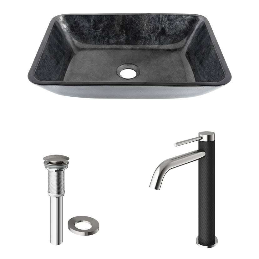 Glass Rectangular Vessel Bathroom Sink in Onyx Gray with Lexington Faucet and Pop-Up Drain in Brushed Nickel