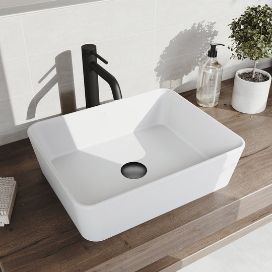 Matte Stone Marigold Composite Rectangular Vessel Bathroom Sink in White with Faucet in Matte Black and Pop-Up Drain