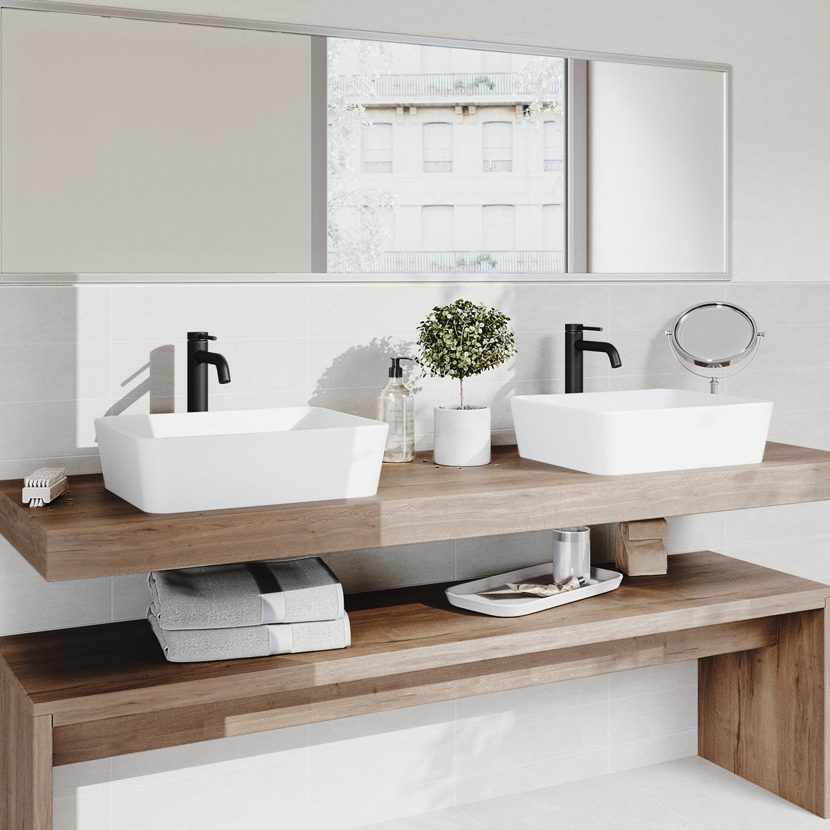 Matte Stone Marigold Composite Rectangular Vessel Bathroom Sink in White with Faucet in Matte Black and Pop-Up Drain