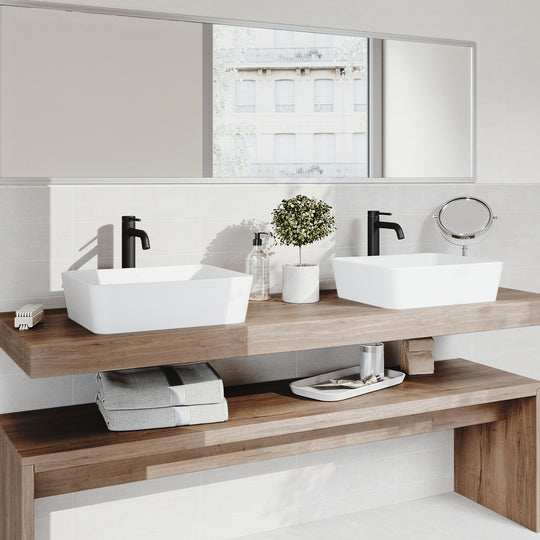 Matte Stone Marigold Composite Rectangular Vessel Bathroom Sink in White with Faucet in Matte Black and Pop-Up Drain