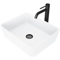 Matte Stone Marigold Composite Rectangular Vessel Bathroom Sink in White with Faucet in Matte Black and Pop-Up Drain