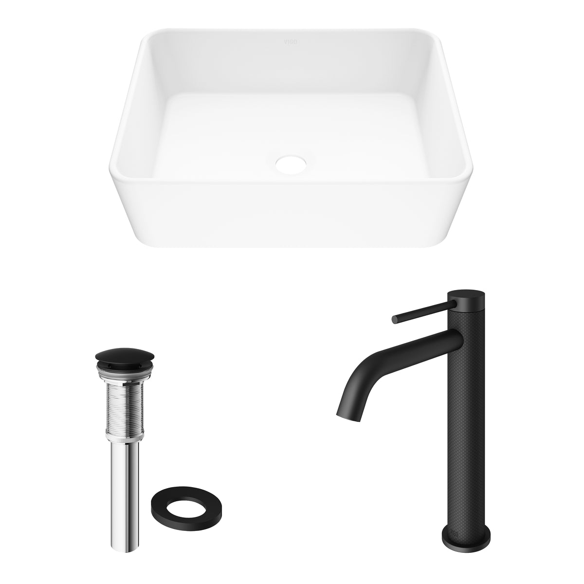 Matte Stone Marigold Composite Rectangular Vessel Bathroom Sink in White with Faucet in Matte Black and Pop-Up Drain