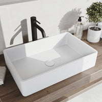 Matte Stone Magnolia Composite Rectangular Vessel Bathroom Sink in White with Faucet in Matte Black and Pop-Up Drain