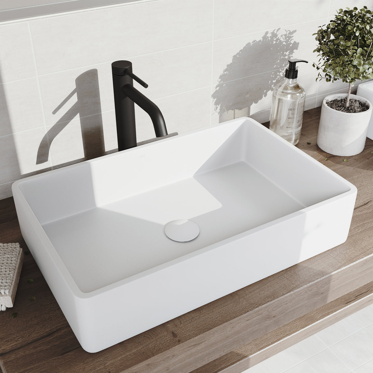 Matte Stone Magnolia Composite Rectangular Vessel Bathroom Sink in White with Faucet in Matte Black and Pop-Up Drain
