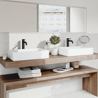 Matte Stone Magnolia Composite Rectangular Vessel Bathroom Sink in White with Faucet in Matte Black and Pop-Up Drain