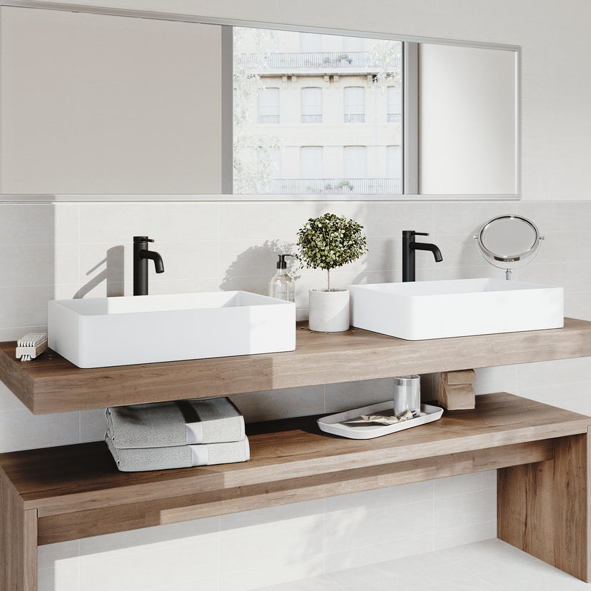 Matte Stone Magnolia Composite Rectangular Vessel Bathroom Sink in White with Faucet in Matte Black and Pop-Up Drain