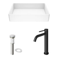 Matte Stone Magnolia Composite Rectangular Vessel Bathroom Sink in White with Faucet in Matte Black and Pop-Up Drain