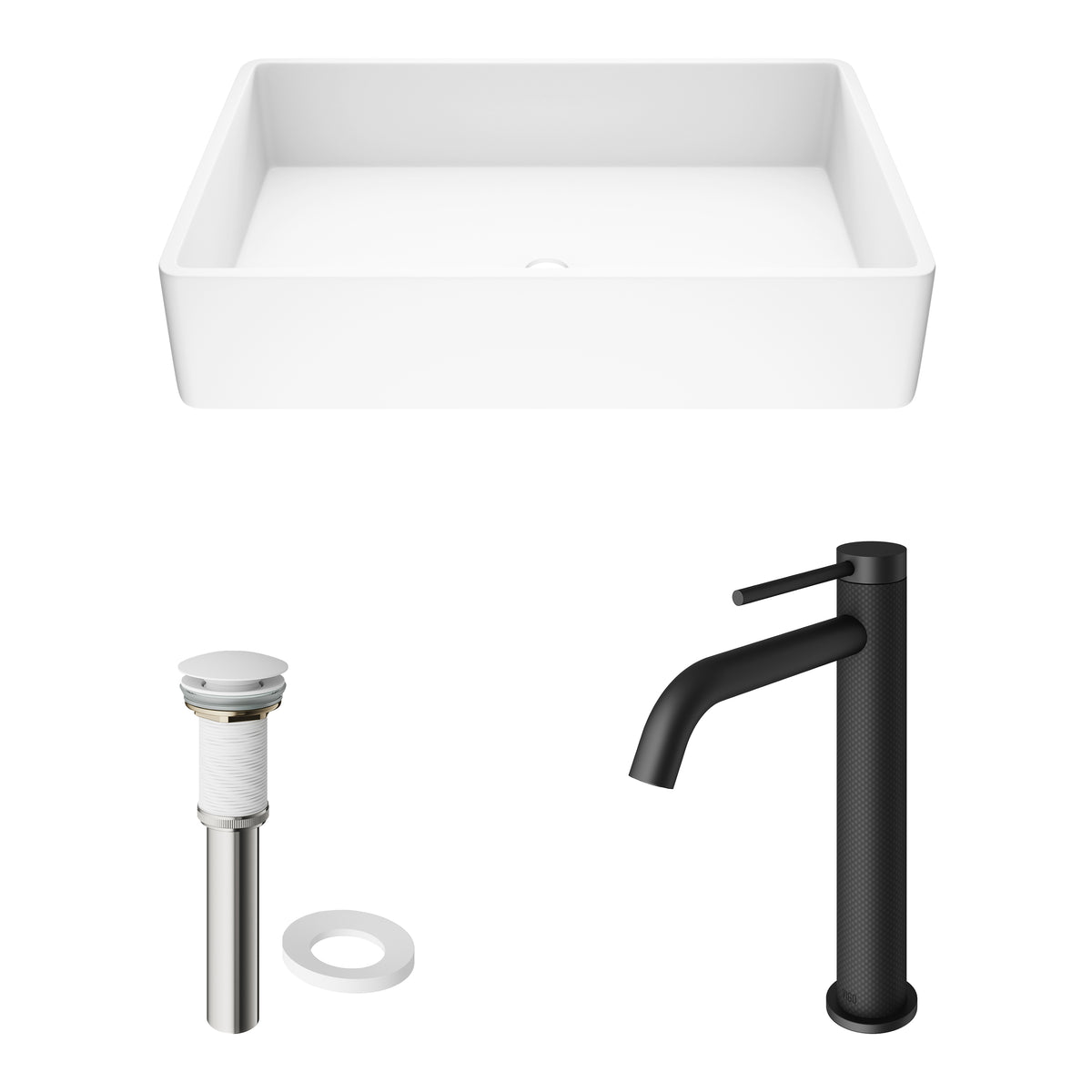 Matte Stone Magnolia Composite Rectangular Vessel Bathroom Sink in White with Faucet in Matte Black and Pop-Up Drain