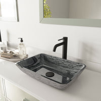 Glass Rectangular Vessel Bathroom Sink in Titanium Gray with Lexington Faucet and Pop-Up Drain in Matte Black