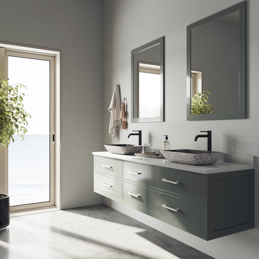 Glass Rectangular Vessel Bathroom Sink in Titanium Gray with Lexington Faucet and Pop-Up Drain in Matte Black