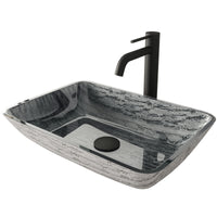 Glass Rectangular Vessel Bathroom Sink in Titanium Gray with Lexington Faucet and Pop-Up Drain in Matte Black