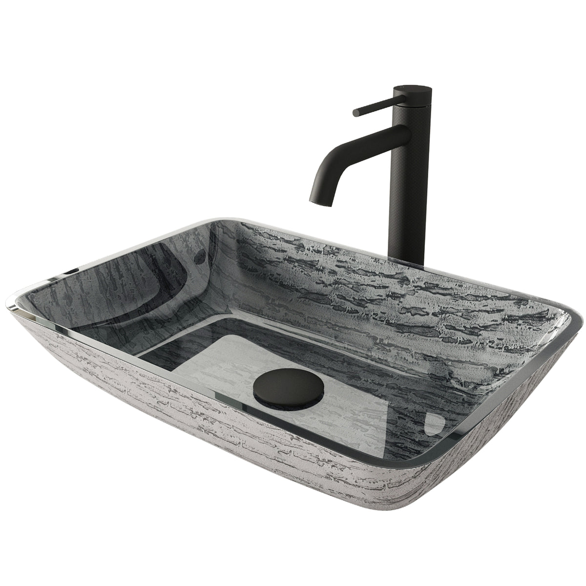 Glass Rectangular Vessel Bathroom Sink in Titanium Gray with Lexington Faucet and Pop-Up Drain in Matte Black