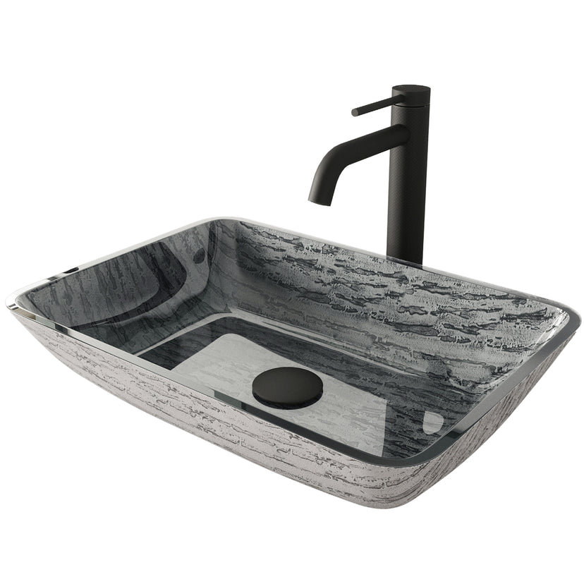 Glass Rectangular Vessel Bathroom Sink in Titanium Gray with Lexington Faucet and Pop-Up Drain in Matte Black
