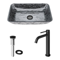Glass Rectangular Vessel Bathroom Sink in Titanium Gray with Lexington Faucet and Pop-Up Drain in Matte Black