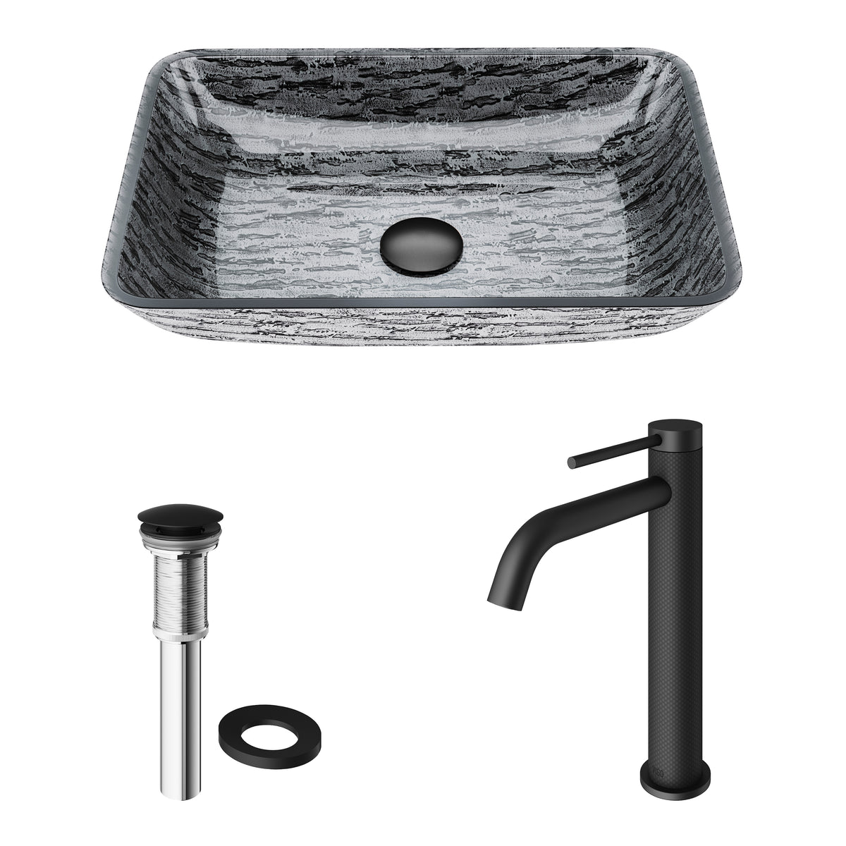 Glass Rectangular Vessel Bathroom Sink in Titanium Gray with Lexington Faucet and Pop-Up Drain in Matte Black