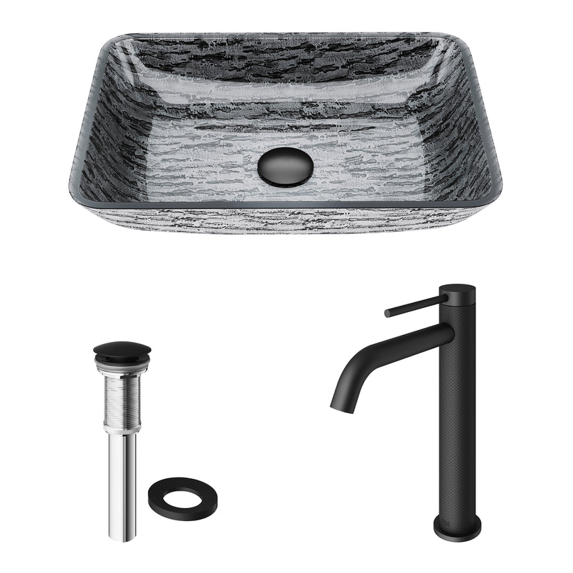 Glass Rectangular Vessel Bathroom Sink in Titanium Gray with Lexington Faucet and Pop-Up Drain in Matte Black