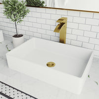 Matte Stone Magnolia Composite Rectangular Vessel Bathroom Sink in White with Faucet and Pop-Up Drain in Matte Gold