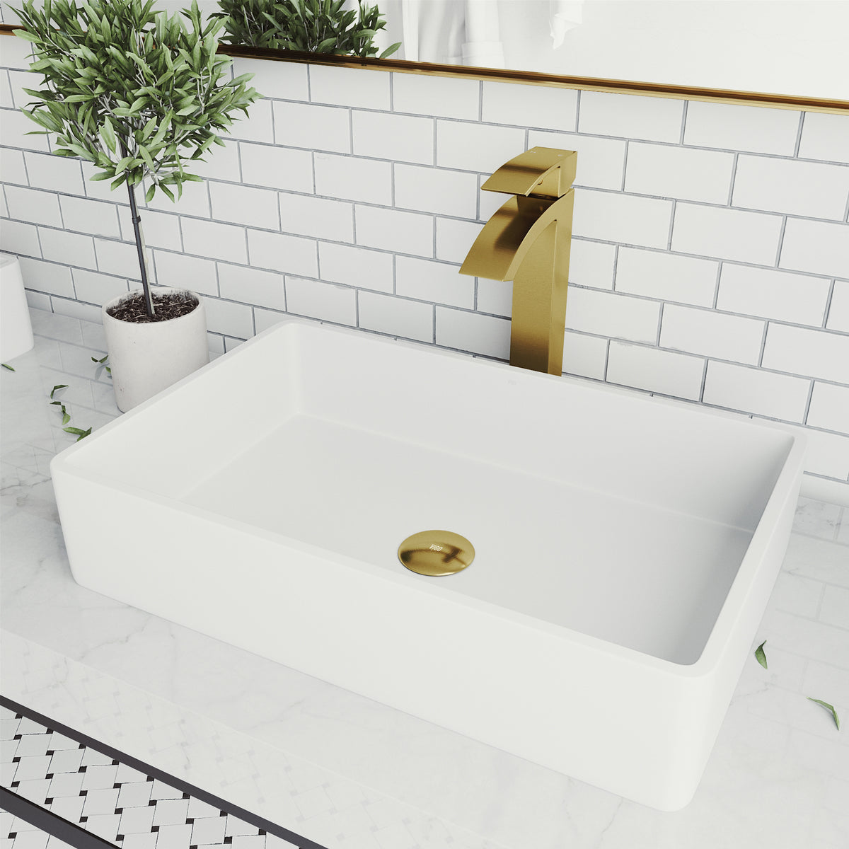 Matte Stone Magnolia Composite Rectangular Vessel Bathroom Sink in White with Faucet and Pop-Up Drain in Matte Gold