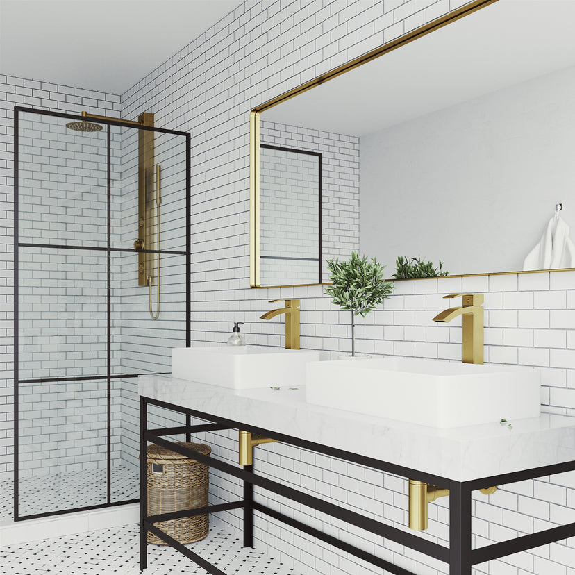 Matte Stone Magnolia Composite Rectangular Vessel Bathroom Sink in White with Faucet and Pop-Up Drain in Matte Gold